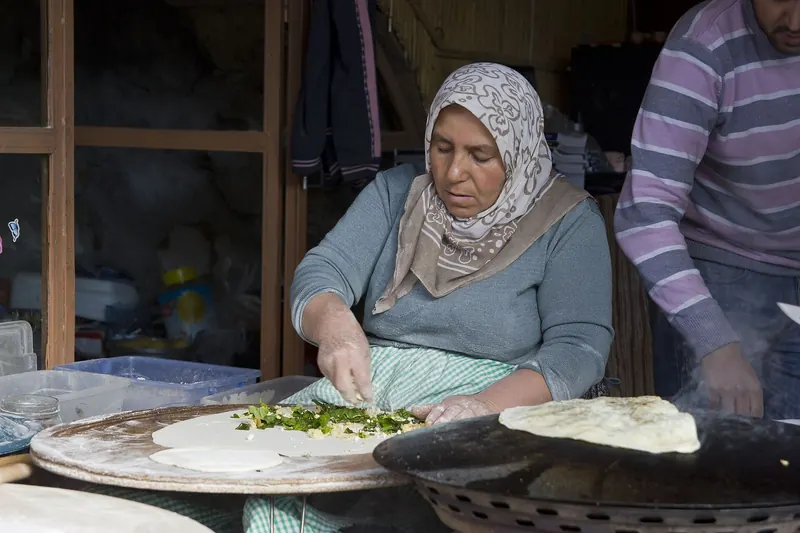 Gözleme flatbread cooked on a griddle