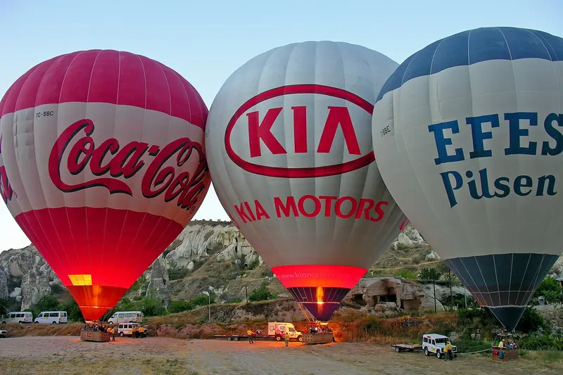 The view from a balloon over Cappadocia at dawn