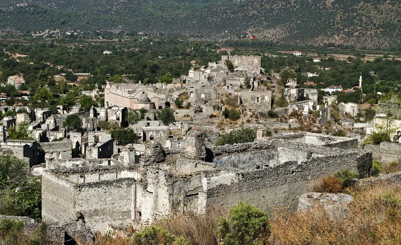 The roofless stone houses of the abandoned town of Kayaköy