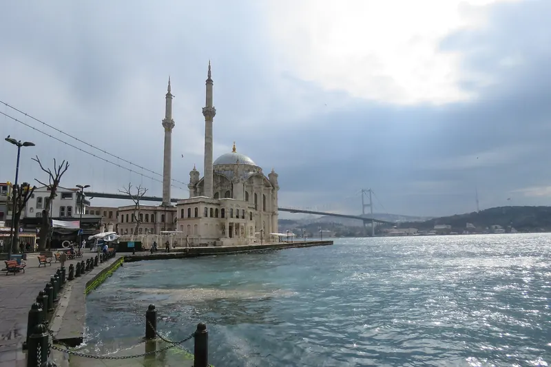 Ortaköy mosque on the Bosphorus shore beneath the bridge