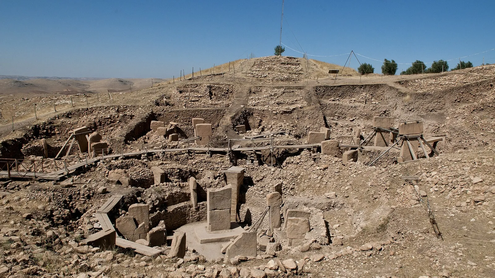Excavated circular enclosures with carved T-shaped limestone pillars at Göbekli Tepe near Şanlıurfa