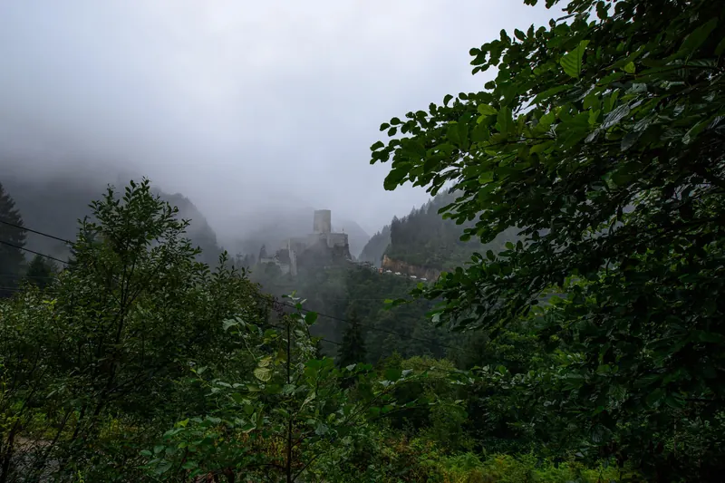 Zil Kale standing in mist above the forested Fırtına gorge