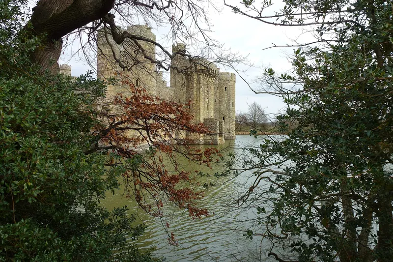 The moated medieval Bodiam Castle in spring