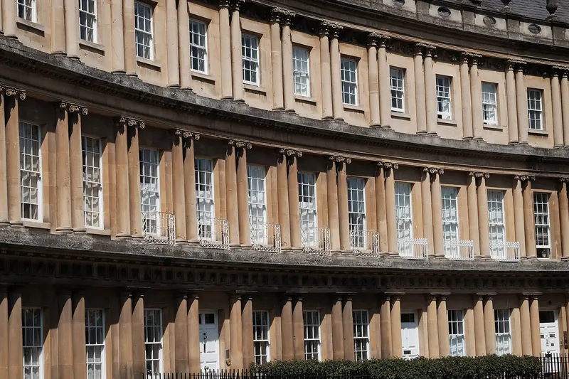 Georgian townhouses curving around the Circus in Bath