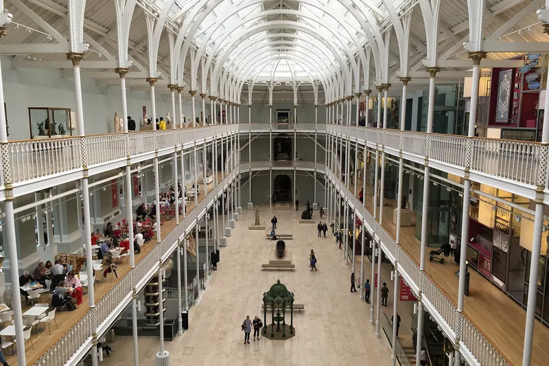 The glass-roofed Grand Gallery of the National Museum of Scotland