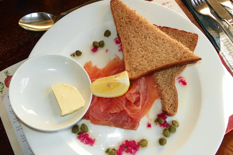Scottish smoked salmon served with brown bread and lemon