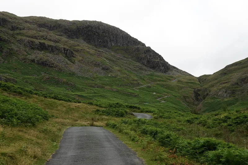 The steep, winding road over Hardknott Pass