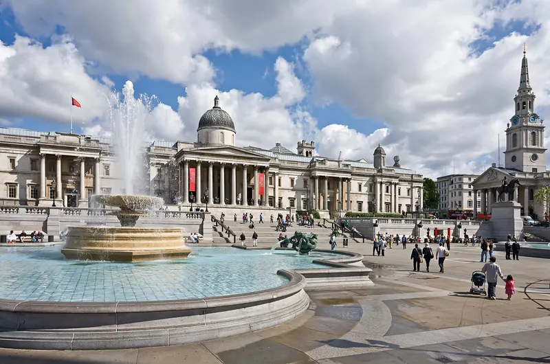 Trafalgar Square with the National Gallery behind it