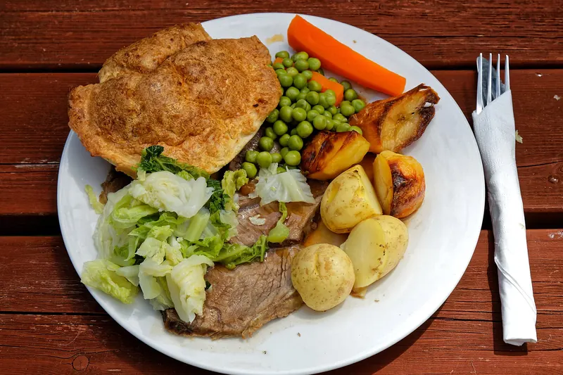 A traditional roast beef Sunday dinner at an English pub