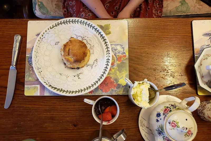 A traditional cream tea with scones, clotted cream and jam