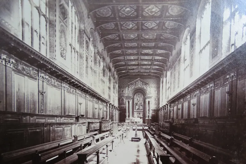 The choir stalls inside a Cambridge college chapel