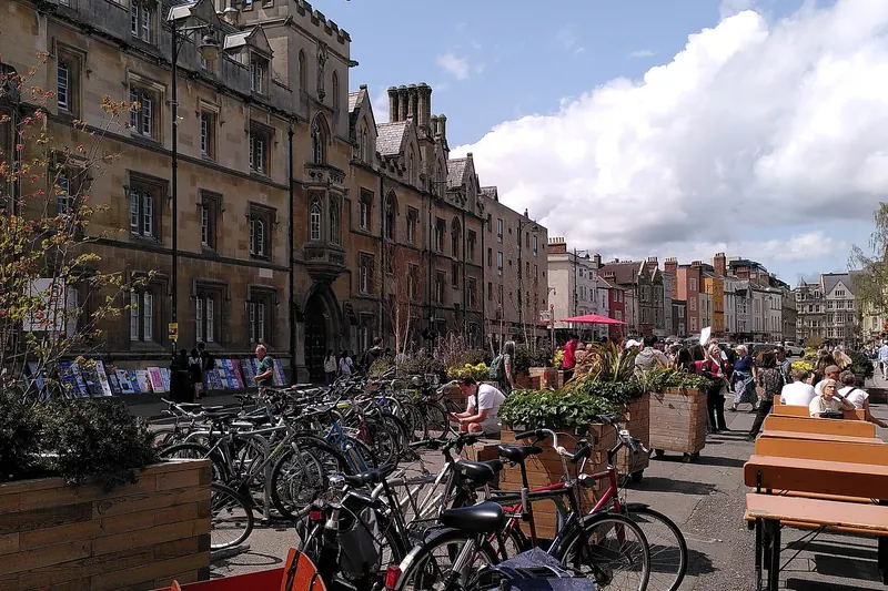 Rows of parked bicycles on an Oxford street