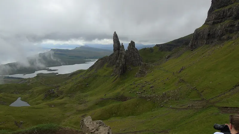 The Old Man of Storr pinnacle seen from the surrounding landslip landscape