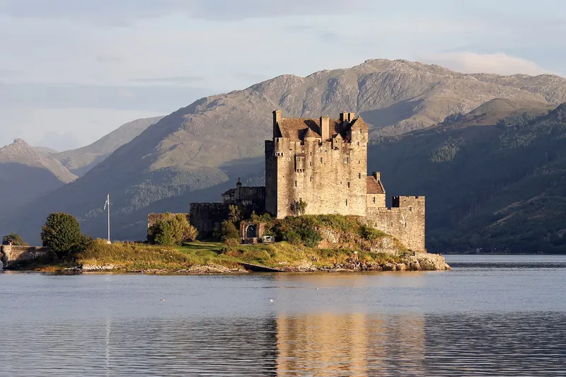Eilean Donan Castle on its small tidal island, joined to the shore by a stone footbridge