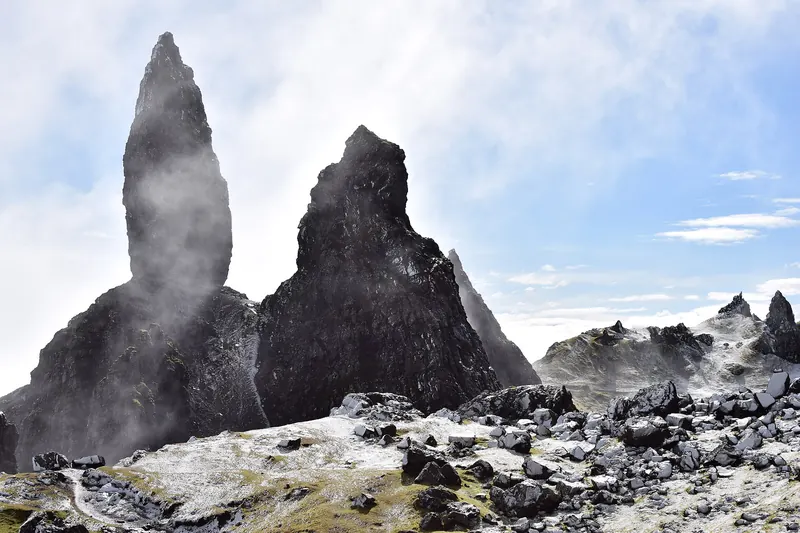 The jagged rock pinnacle of the Old Man of Storr on the Isle of Skye