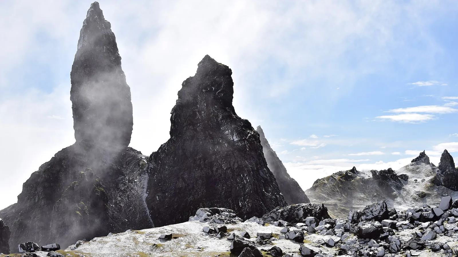 The jagged rock pinnacle of the Old Man of Storr on the Isle of Skye