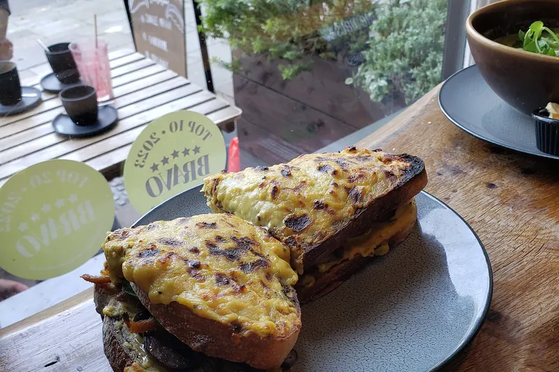 A plate of Welsh rarebit on toasted bread