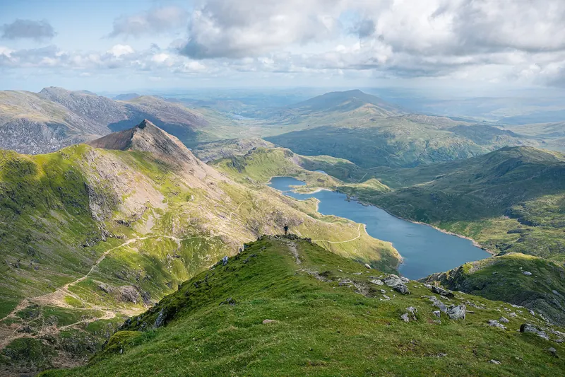 The ridge and lake of Yr Wyddfa (Snowdon), seen from near its summit