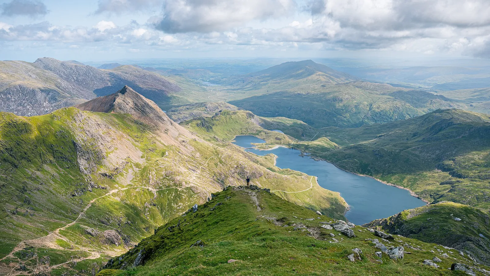 The ridge and lake of Yr Wyddfa (Snowdon), seen from near its summit