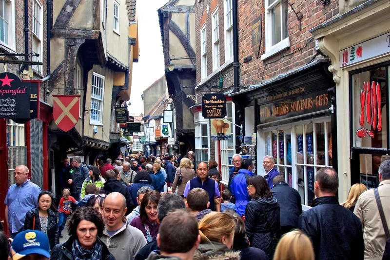 The overhanging medieval timber-framed buildings of the Shambles