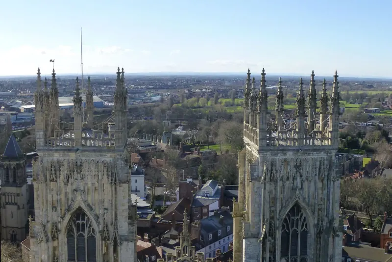 The view over York's rooftops from the top of the Minster's central tower