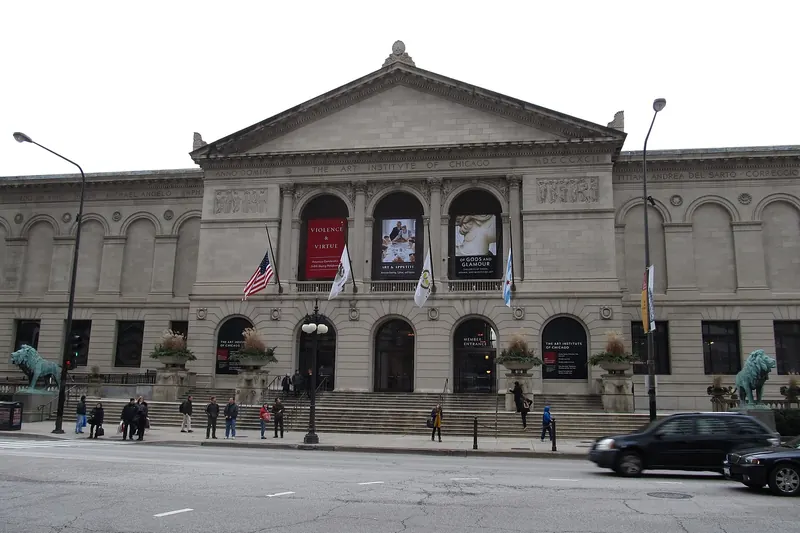 The lion-flanked entrance of the Art Institute of Chicago