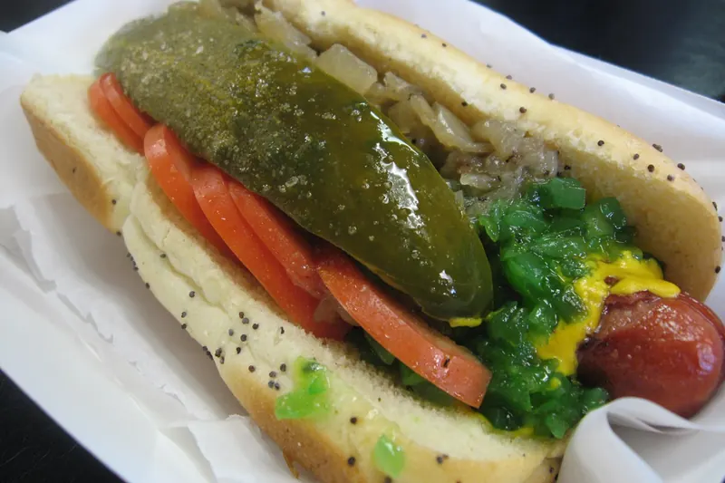 A Chicago hot dog in a poppy-seed bun