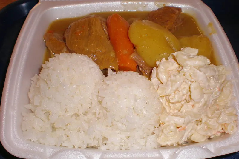 A Hawaiian plate lunch of rice, macaroni salad and a protein