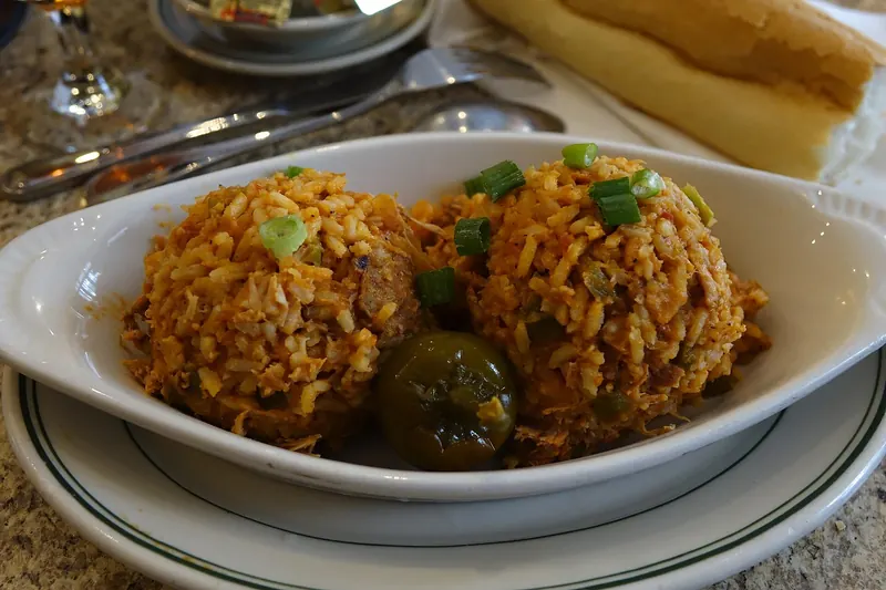 Jambalaya cooked with meat and rice in one pot