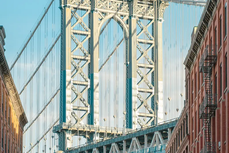 The Manhattan Bridge framed by Washington Street in DUMBO