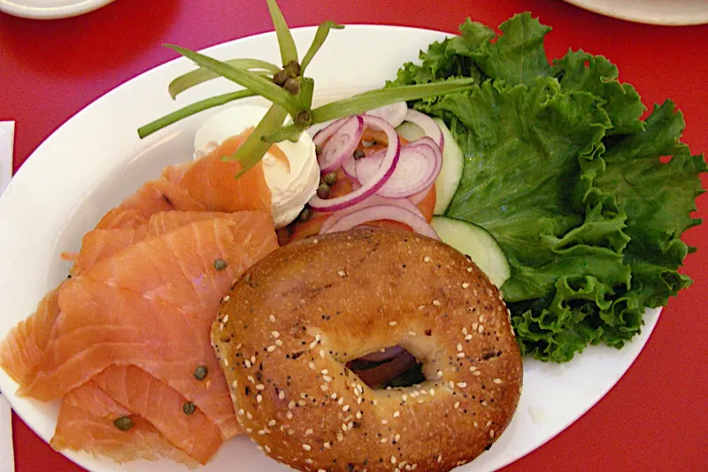 A bagel with cream cheese and lox