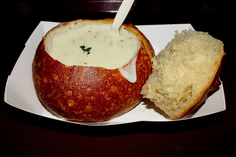 Clam chowder served in a sourdough bread bowl