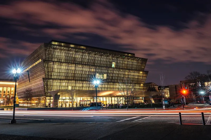 The bronze-latticed exterior of the National Museum of African American History and Culture
