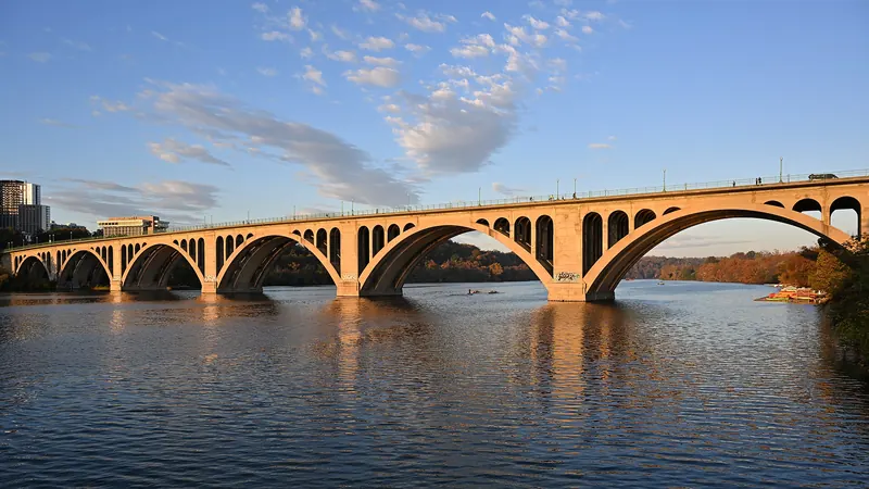 The Georgetown waterfront and Key Bridge