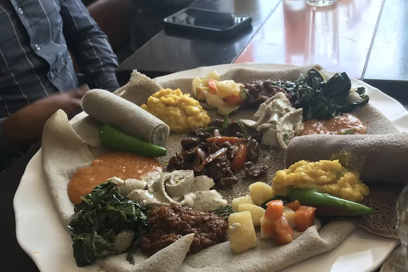 An Ethiopian platter served on injera