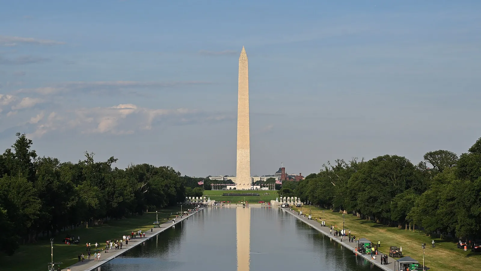 The Lincoln Memorial reflected in the long rectangular pool on the National Mall
