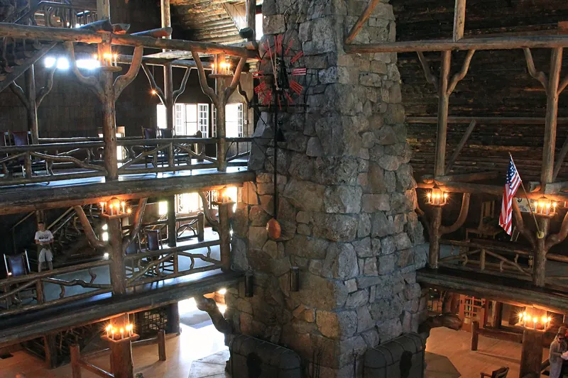 The timber lobby of the Old Faithful Inn