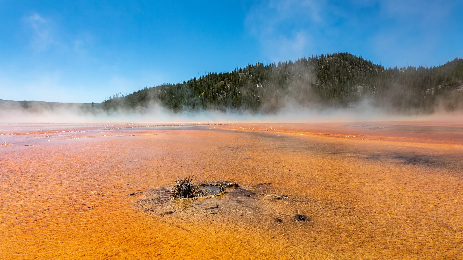 The orange, yellow and deep blue bands of the Grand Prismatic Spring in Yellowstone