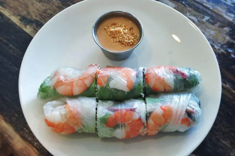 Fresh Vietnamese spring rolls with a peanut dipping sauce