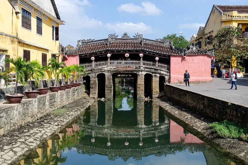 The covered Japanese Bridge in Hoi An with its curved roof