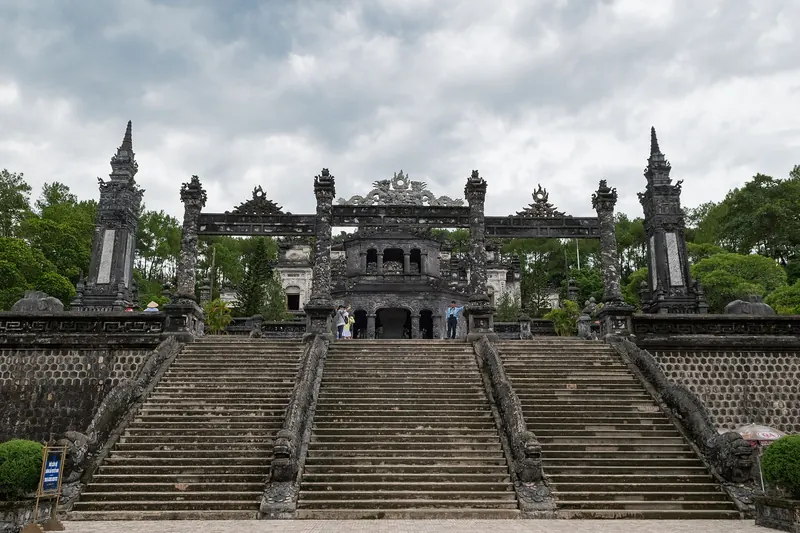 The ornate concrete Tomb of Khai Dinh above terraced steps